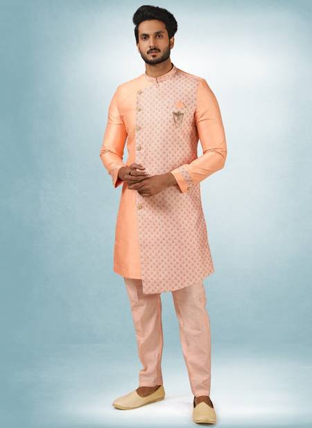 Peach Colour Excluisve Wear Art Silk Digital Print Kurta Pajama With Jacket Mens Collection 1444